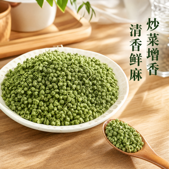 [主图-4] 云南彝良青花椒使用场景展示图。[氛围风格] 真实厨房使用场景，唤起食欲，有代入感。[画质] 商业美食摄影，光线温暖通透，画质清晰自然。[元素] 干燥瓷盘中盛放着新鲜翠绿的青花椒，旁边放着预览效果