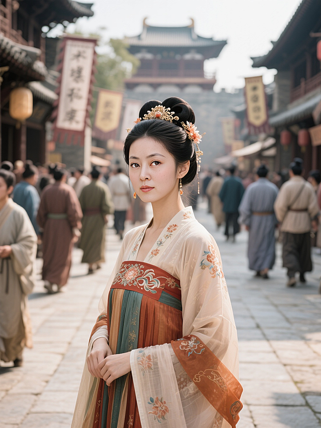 女生正脸看镜头，穿上唐代服饰，贵女打扮，站在唐代繁华的街上，身后是来来往往的唐代百姓，景深效果
