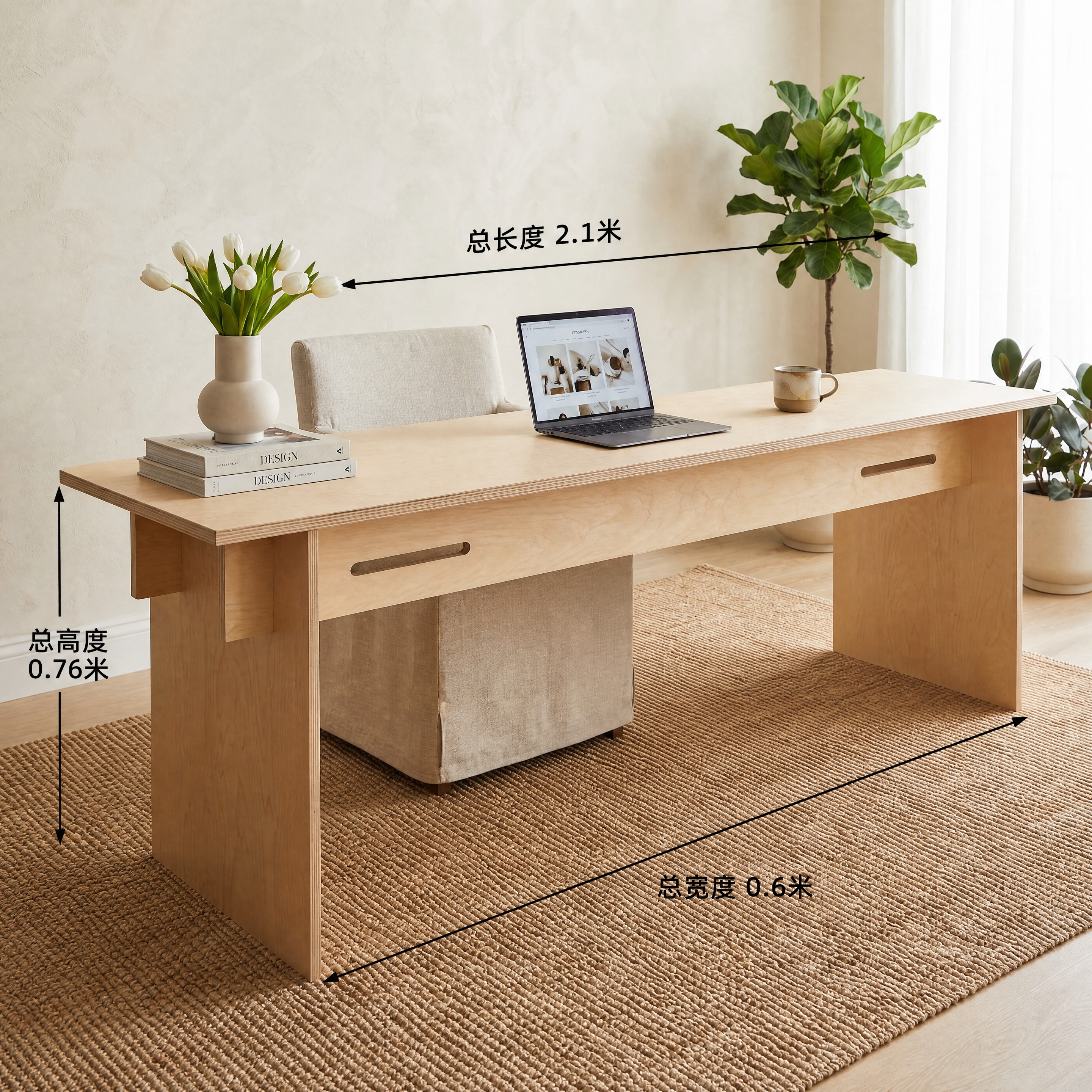 基于上传的书桌场景图，调整书桌长度为2.1米（总宽度0.6米，… - 图片创意预览