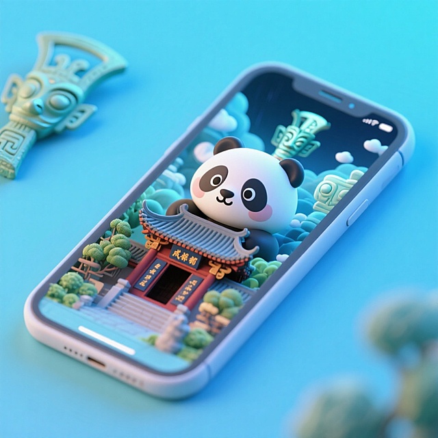 一个手机创意微缩场景，手机平放，侧面对着观众，手机俯视角度，立体的成都景观从屏幕内出来，有熊猫，三星堆，武侯祠，整体色调立体魔幻。青色背景。具有梦幻感,打光营造出柔和氛围强调梦幻和未来感的美学。