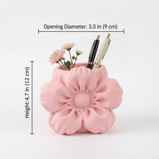 [Main Image 4] Size description of pink flower-shaped pen holder vase.
[Atmosphere Style] Clear size预览效果