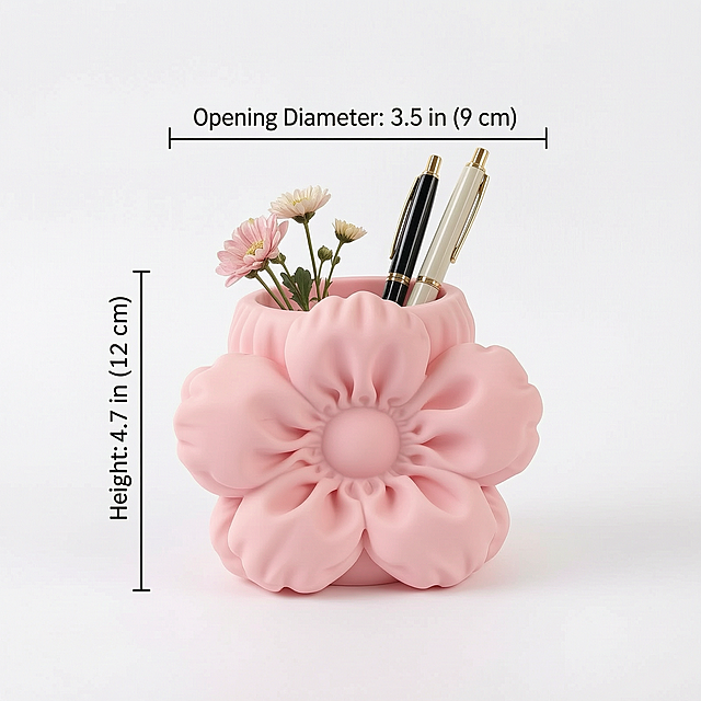 [Main Image 4] Size description of pink flower-shaped pen holder vase.
[Atmosphere Style] Clear size information, simple product display.
[Image Quality] Commercial photography texture, soft and transparent light, clear and real product, clean and advanced picture.
[Elements] The pink flower pen holder vase is placed on a pure white background, and the size dimensions are clearly marked at the corresponding positions of the product: Height: 4.7 in (12 cm); Opening Diameter: 3.5 in (9 cm). The size information is placed in the negative space around the product, which is clear at a glance, and does not block the product subject. Keep the appearance (physical structure, material texture, color) of the product absolutely consistent with the input product picture, eliminate any deformation and color difference, and fine processing. The product accounts for about 80% of the picture, the picture is full screen without border.
[Light and Shadow] Even soft studio light, clear display of product shape and size annotation, no heavy shadow.
[Color Matching] Pure white background, pink product, black text size annotation, clear contrast.
[Perspective Composition] Front full view, complete product, clear proportion.
[Text Layout] Clear size annotation, simple font, reasonable position, clear contrast.
[Proportion Resolution] 1:1 proportion, 2K resolution, super high definition, clear text.
[Negative Prompt] Deformation, watermark, text confusion, blurred product picture, messy background.