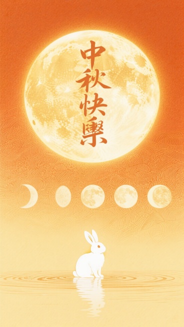 生成中秋海报，从深橙色在顶部到淡黄色在底部。在中央，有一个巨大的发光圆形（代表月亮），从金黄色渐变到软橙色。在这个主圆的下面，排列一个横面的、较小的、半透明的月相（从新月到满月）向中心下降的序列。在主预览效果