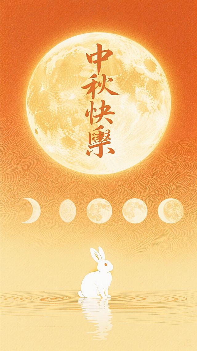 国潮风插画，水墨质感月色映照玉兔剪影，浮雕式月相流转，橙金渐变背景烘托中秋喜庆梦幻氛围。