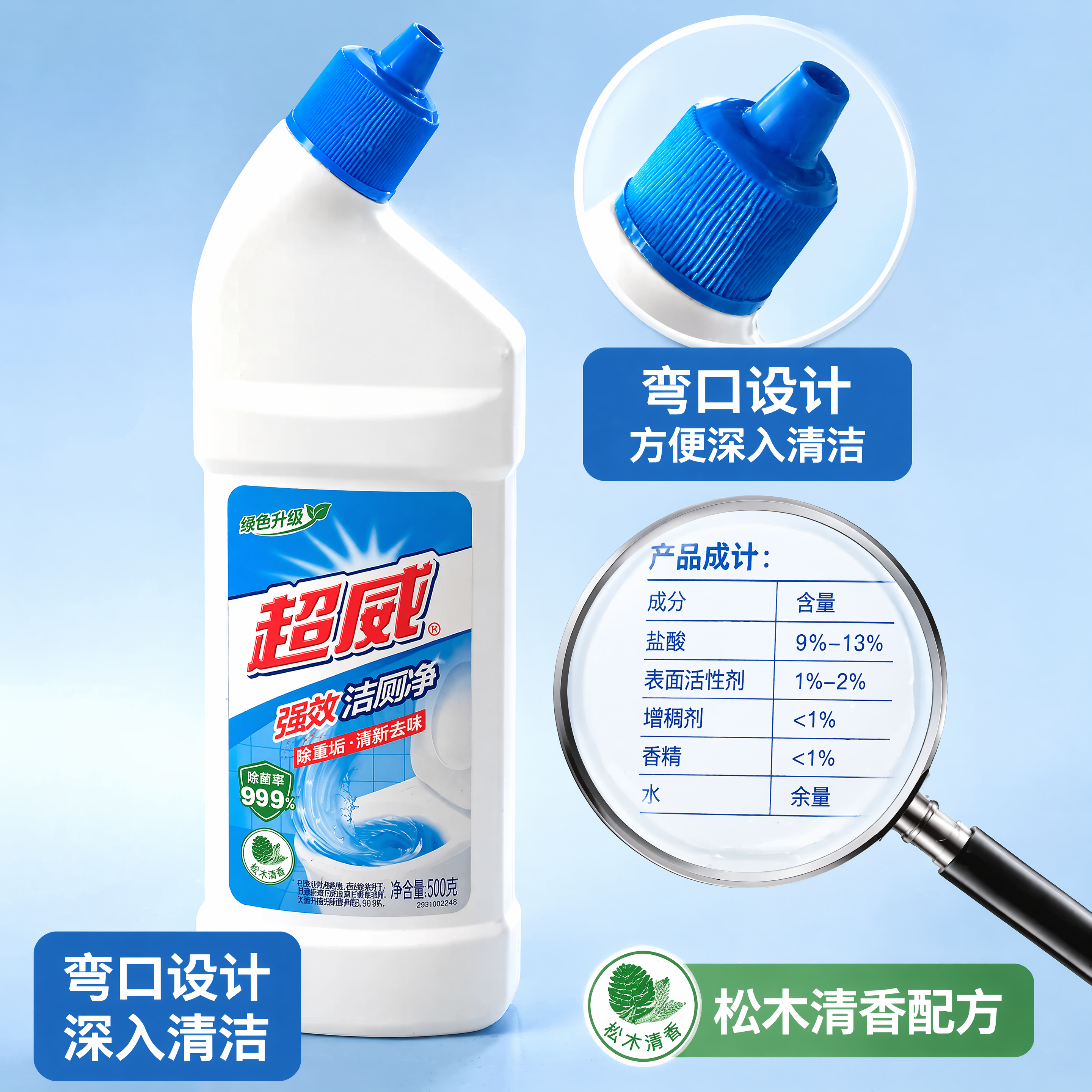 [主图-3] 超威强效洁厕净瓶口与配方细节展示图；[氛围风格]… - 图片创意预览