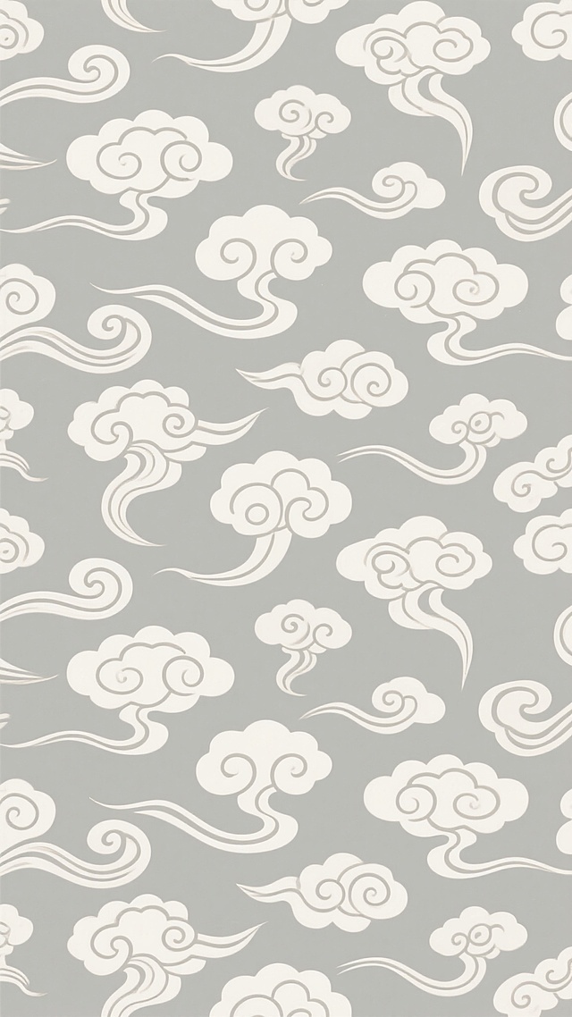 浅灰色背景上由多种不同形态的白色祥云纹路组成的无缝重复图案，包含卷曲的云纹、飘逸的线条和饱满的云团等多种变化的传统云纹元素，整体呈现出典雅、柔和且具有层次感的东方传统装饰风格，纹路之间疏密有致，线条流畅细腻，形成和谐统一的整体视觉效果。