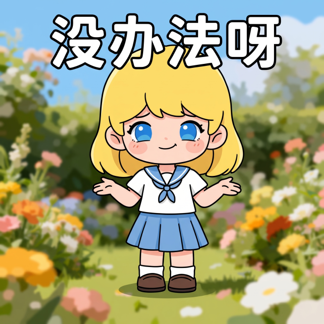 基于已有小女孩IP形象，蓝色眼睛黄色头发，制作表情包：无奈摊手耸肩，配文字"没办法呀"，卡通Q版风格，同IP保持一致形象预览效果