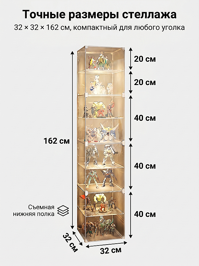 严格还原图中的展示架产品，保留产品颜色、透明材质、可拆卸层板等所有细节，去除水印'BISHENGGUOJI'，去掉额外品牌LOGO，产品尺寸为 32×32×162cm，尺寸比例保持1:1。视觉风格为专业产品尺寸图，线稿标注结合实物，背景为浅灰色，干净清晰。所有尺寸标注使用俄语，俄语无衬线字体，尺寸标注用黑色粗体，清晰易读，搭配箭头标注，重点尺寸加粗。画面上方居中是主标题"Точные размеры стеллажа"，下方是副标题"32 × 32 × 162 см, компактный для любого уголка"。产品居中放置，四周用箭头标注整体尺寸，宽度32cm、深度32cm、高度162cm，分层标注各层高度为20cm/40cm，整体排版规整，信息层级清晰，突出32×32cm的占地尺寸适配小户型空间优势，适配Ozon平台规范。