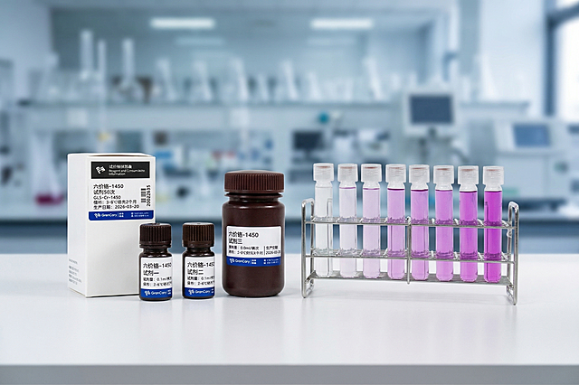 将六价铬试剂和紫色试管架两个主体合并到一张图中，更换为虚化实验室背景，两个产品错位摆放在干净的白色实验台上，保持各自原有视角不变，真实拍摄质感，保持所有产品文字和Logo原样不变，保持产品主体物理结构不变，统一真实实验室冷调柔光，浅景深背景虚化，商业高调摄影，柔和漫射光，前中后景层次，画面干净简洁，保持所有产品形态稳定清晰，整体风格和光影一致。