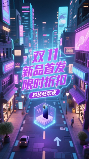 打造赛博朋克风格，主色调为霓虹紫与科技蓝，画面展现未来感都市街道，悬浮着“双 11 科技狂欢夜”的全息文字，街道两侧是充满科技感的虚拟店铺，重点突出数码产品，文字说明 “新品首发 限时折扣”。预览效果