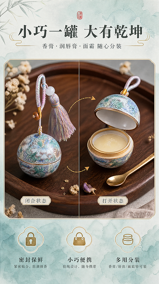 [商品] 使用【图1】球形陶瓷吊饰香料盒；保留球形结构、金色描边开合线、内部空腔结构；商品处理：保留产品原貌，展示开合状态，清晰呈现内部收纳空间。
[画面] 第4张功能演示，目标是展示球形开合与分装收纳功能。左右分栏构图：左侧是闭合状态的完整球形吊饰，右侧是打开状态的上下两半，内部盛放着浅米色香膏，旁边摆放小茶匙；背景是温润的木质托盘与干花点缀；用细金线箭头指示开合方向。
[视觉] 套系策略：风格=高级国风新中式商业摄影；标题字=宋体衬线粗体；正文字=纤细宋体；主色=青瓷蓝绿+粉紫渐变；背景延展=基于青瓷蓝绿做深浅层级、宣纸纹理、淡墨晕染质感；强调色=鎏金色，仅用于小面积图标、引线和装饰线条；标题色=深墨色；正文色=炭灰色；组件=圆角宣纸质感信息卡、细金线引线、中式印章元素；光影=顶部柔光+侧面补光，清晰展示内部空间与香膏质感。
[文字] 画面顶部主标题"小巧一罐 大有乾坤"，副标题"香膏·润唇膏·面霜 随心分装"；下方配3个功能点：密封保鲜、小巧便携、多用分装；文字位于顶部和底部留白区，全部横排，不遮挡开合结构。
[规格] 图片比例9:16竖版，4K，高质量，避免变形、错字、文字过小、内部结构失真。
