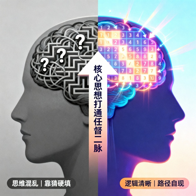 画面：​ 左右分屏对比图。

左侧（Before）：​ 灰色调。一个大脑的剪影，内部是混乱交错的线条、问号和堵塞的迷宫。标签：“思维混乱 | 靠猜硬填”。

右侧（After）：​ 亮色调/有色彩。同预览效果