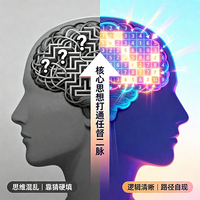 画面：​ 左右分屏对比图。

左侧（Before）：​ 灰色调。一个大脑的剪影，内部是混乱交错的线条、问号和堵塞的迷宫。标签：“思维混乱 | 靠猜硬填”。

右侧（After）：​ 亮色调/有色彩。同一个大脑剪影，内部是清晰发光的数独网格，数字通过清晰的逻辑链条（如箭头、光线）连接并填满。标签：“逻辑清晰 | 路径自现”。

中间一个大箭头，写上：“核心思想打通任督二脉”。
