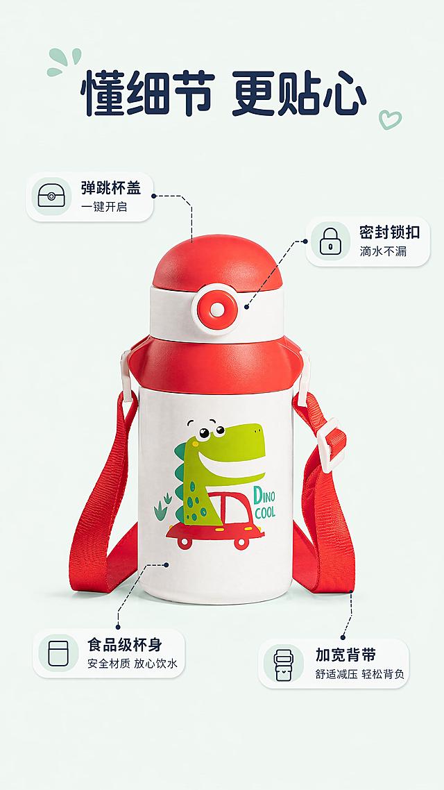 将本张详情页结构图中的藏蓝色保温杯替换为红色恐龙款保温杯。本屏使用【图1】作为原有详情页排版底图，使用【图2】作为红色保温杯产品图，保留原有文字排版、标注引线、标题和所有卖点信息不变，仅替换保温杯主体颜色为红色，保留产品结构、图案、背带颜色与【图2】完全一致，保持整体布局不变，背景浅绿色保持不变。
替换后整体风格保持清新活泼，光影和原有页面一致，产品清晰突出，文字和引线位置不变，不遮挡文字，整体比例保持9:16不变。
[负向提示词] 产品变形，文字移位，颜色偏差，排版错乱，文字模糊，引线错位。