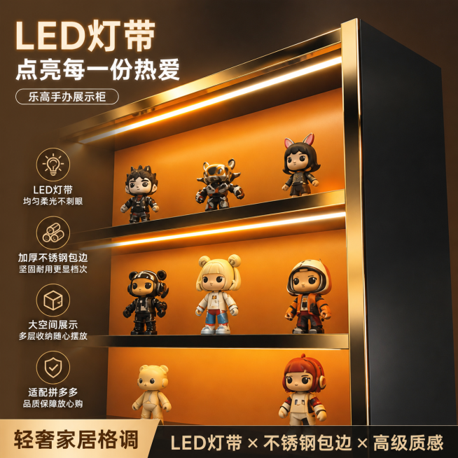 乐高手办展示柜，特写LED灯带灯光效果，灯带发光照亮手办展示空间，轻奢高级感风格，卖点：LED灯带，加厚不锈钢包边，适配拼多多平台1:1电商主图，轻奢家居场景预览效果