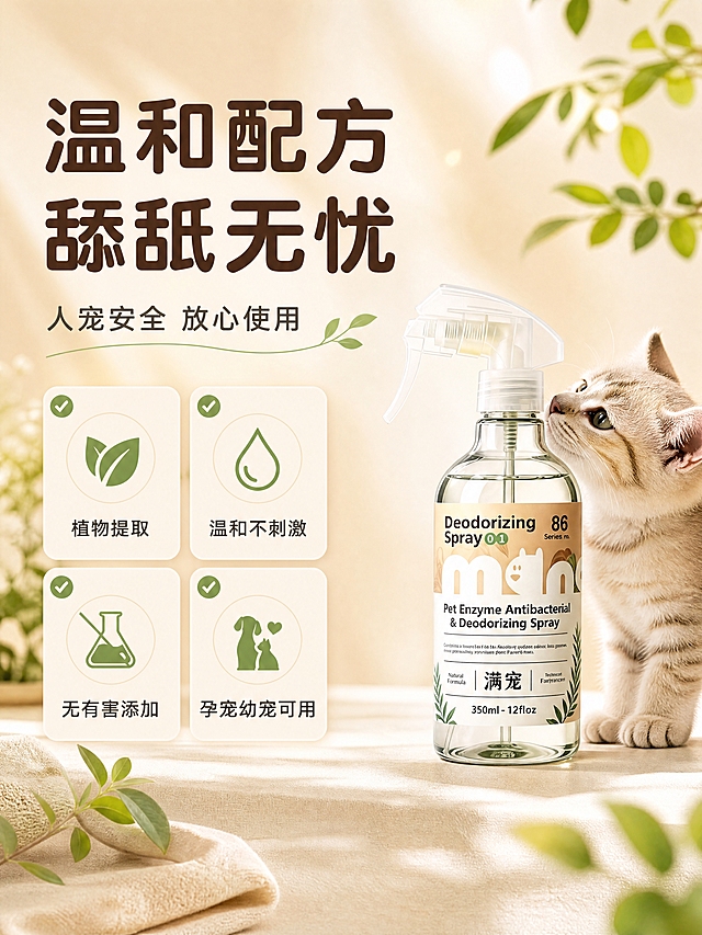 [商品] 使用【图1】满宠宠物酶抑菌除臭喷雾；保留透明玻璃瓶身、白色喷头、米黄色+白色标签、满宠中文字样、英文品名、350ml容量；产品位于画面右侧，正面略侧展示，占画面约40%。
[画面] 第6张·温和安全，卖点信息卡型。目标：强调产品温和安全、人宠无忧的特性，打消安全顾虑。构图：左文右物布局；右侧为产品主体，放置在浅米色台面上，旁边有一只可爱的小猫（或小狗）凑近闻喷雾瓶，表现宠物友好；左侧为4个安全卖点卡片，2×2排列；背景为浅米杏渐变，点缀绿色植物叶片和柔和光斑；整体氛围温馨安心。
[视觉] 套系策略：风格=清新治愈宠物风商业摄影；标题字=圆润黑体粗体；正文字=简洁无衬线体；主色=浅米杏色；背景延展=基于浅米杏做深浅层级、同色渐变和细腻纸张/织物质感；强调色=橄榄绿，仅用于小面积图标、引线和标签；标题色=深棕褐色；正文色=中暖灰；组件=圆角浅底信息卡、对勾图标、叶片装饰；光影=左前侧暖柔光，柔和自然阴影。
[文字] 左上主标题「温和配方 舔舐无忧」，副标题「人宠安全 放心使用」；4个卖点卡片：「植物提取」「温和不刺激」「无有害添加」「孕宠幼宠可用」；每个卖点配一个橄榄绿小图标。文字均横排，字号保证手机端可读。
[规格] 比例3:4竖版，分辨率4K，quality=medium。负向：避免冷蓝/蓝灰背景、产品变形、标签文字错乱、极限词、医疗化表述、宠物受伤、夸张承诺、虚构检测报告。