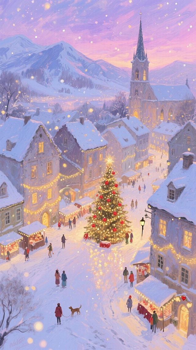 复古欧式小镇，屋顶与地面覆盖蓬松白雪，建筑挂满暖黄圣诞灯，中心广场矗立装饰着红金饰品的巨型圣诞树，周围散布着圣诞市集摊位，行人（含遛狗者、亲子等）在雪地中活动；背景是黄昏时分粉紫渐变的天空，远处山脉覆雪，教堂尖塔高耸。构图采用俯瞰视角，层次丰富，材质上雪具蓬松质感、灯光暖柔，色彩以暖黄灯火与冷蓝雪景对比，搭配粉紫天际，画面风格温馨梦幻，充满圣诞节日氛围