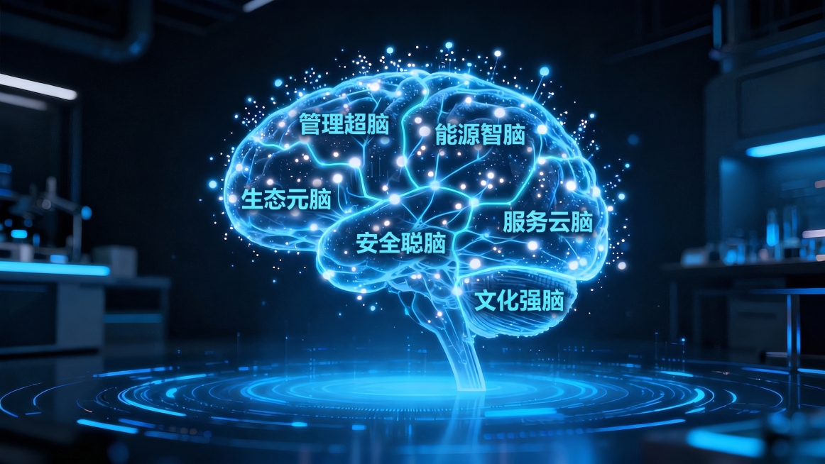 参考原图，保持整体蓝色科技发光大脑和实验室背景。将大脑内随机划分为6个区域，每个区域分别添加对应文字：管理超脑、能源智脑、生态元脑、安全聪脑、服务云脑、文化强脑。无需添加额外颜色和复杂图标，文字端正整预览效果