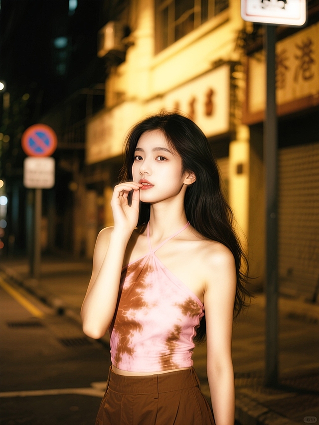 在夜晚的街头场景，复古港风氛围，一位长发女性，身着粉棕扎染挂脖无袖上衣、搭配棕色下装，发丝自然垂落，手轻触唇边，背景有模糊建筑、标识牌，呈现胶片相机拍摄的颗粒感、暖黄光影，营造随性又妩媚的夜拍格调 。