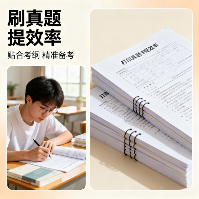 历届高考真题合集电商主图第四张，清新舒适学习风格，柔和自然光。画面为两张拼图，左侧是学生在书桌前用真题试卷刷题的场景，右侧是打印好的真题试卷装订成册的特写，背景为浅米色渐变。左上角主标题「刷真题 提效预览效果