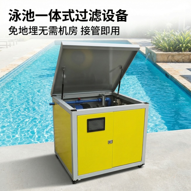 [主图 1] 泳池一体式过滤设备首图
[主图主题] 泳池一体式集成过滤设备
[氛围/风格] 工业风专业设备，高清质感，干净明亮户外泳池场景
[画面元素] 一体式过滤设备完整居中放置，产品外观灰黄配色保预览效果