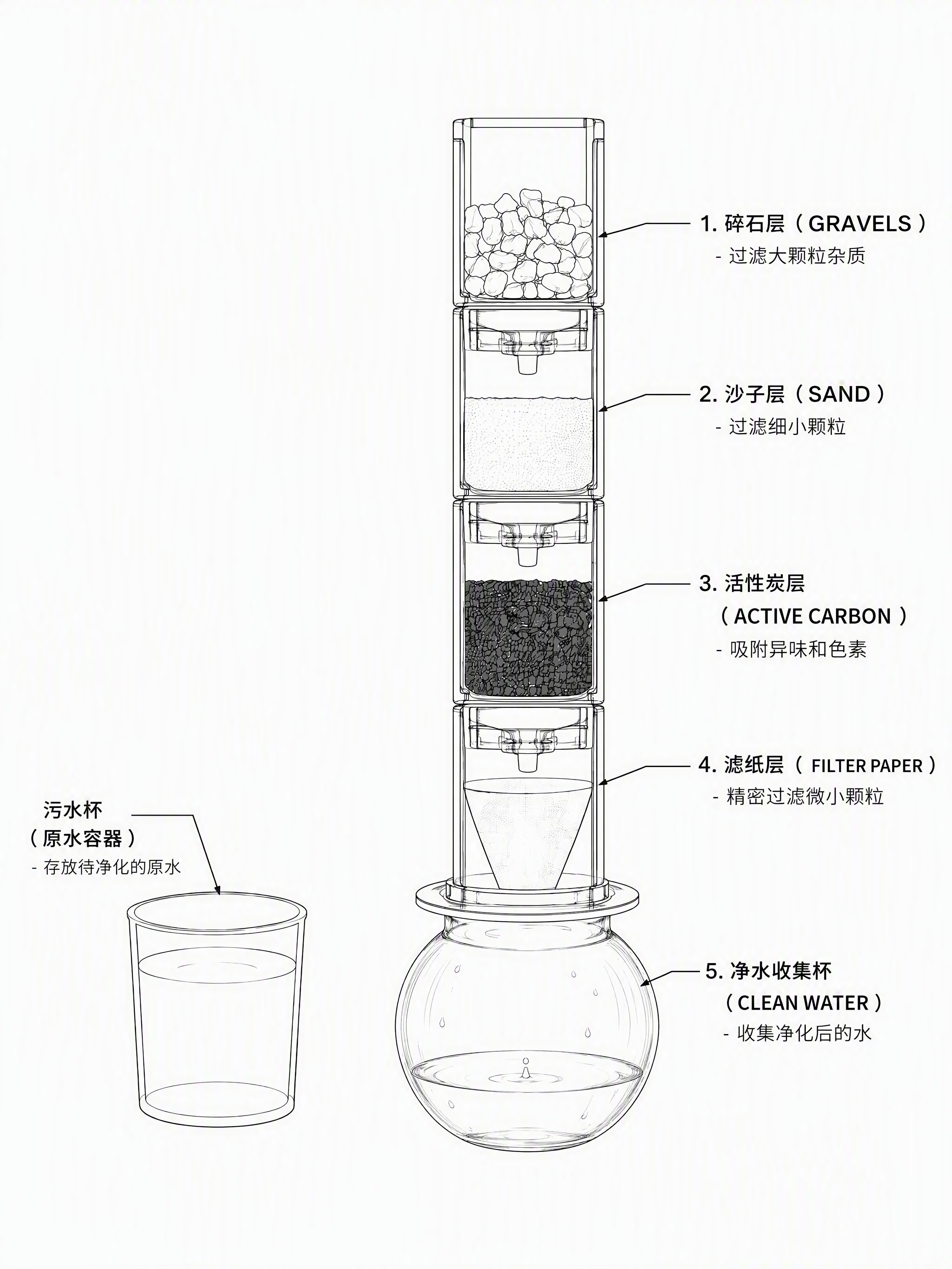 修改这张工程线稿图：将底部右侧的圆柱形净水收集杯，替换为圆球形… - 图片创意预览