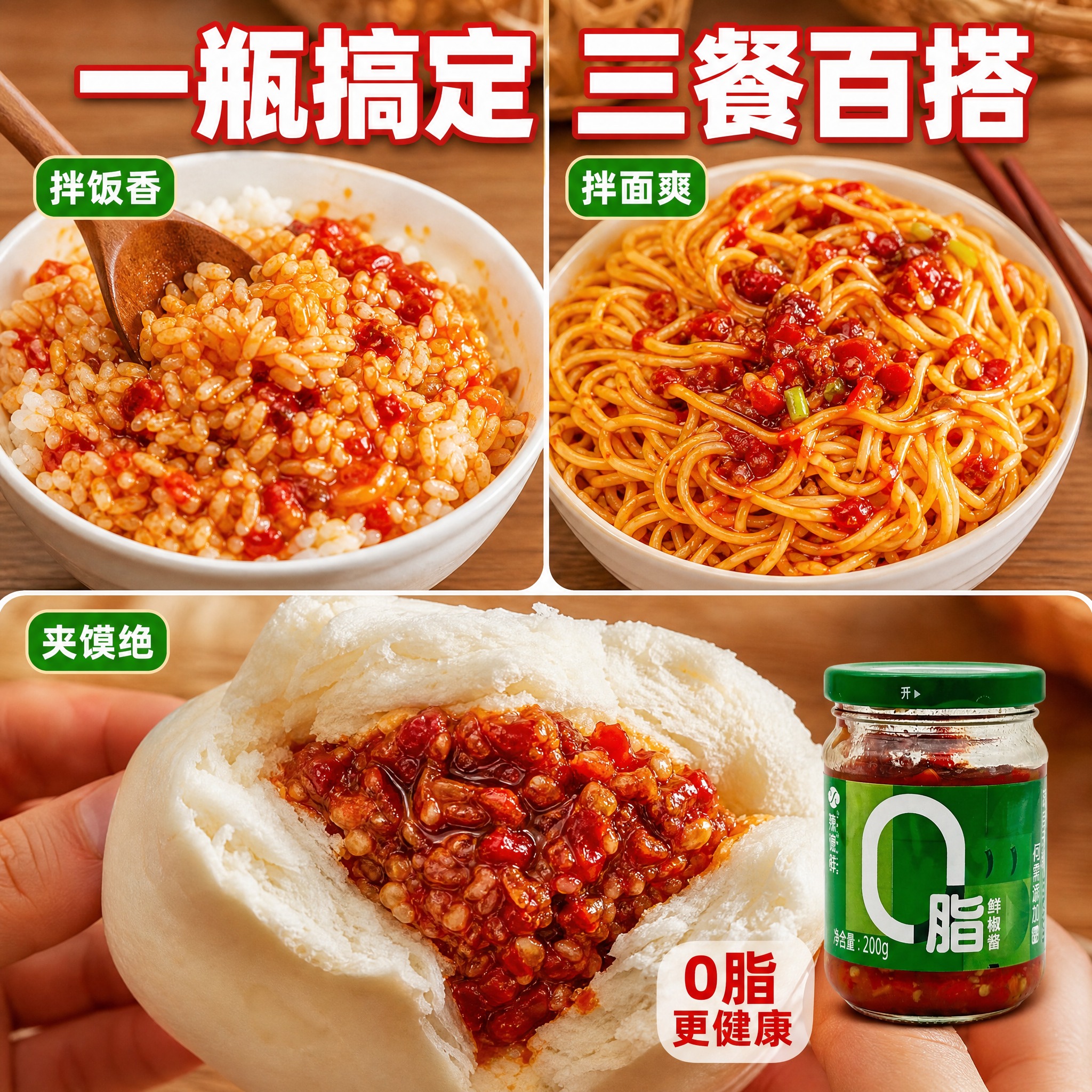 [主图-4] 多场景食用展示，拌饭拌面夹馍都好吃。 [统一基调… - 图片创意预览