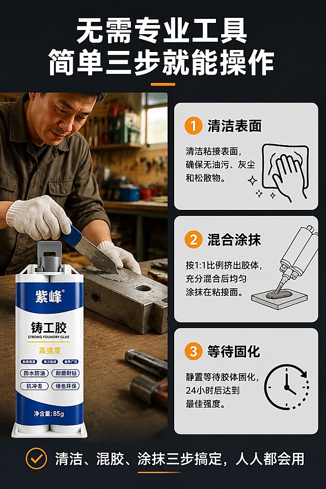 [第7屏] 使用教程-紫峰铸工胶三步简单操作，无需专业工具。本屏使用【图1】作为产品展示。
[氛围/风格] 生活化教程风格，温馨 workshop 场景，清晰易懂，贴近普通用户。
[元素布局] 顶部大标题，左侧放置操作场景实拍图，右侧分三步展示操作流程，每步带图标说明；底部左下角放置产品实物，布局左图右文，平衡稳定；产品外观和包装与原图一致。
[光影质感] 整体暖调柔光，场景自然真实，操作步骤区域亮度均匀，图标清晰突出，文字不发黑模糊。
[配色色系] 全局底色 #222831；主色深灰背景+浅灰步骤卡片；辅助色橙色步骤编号突出顺序，产品保留蓝白配色。
[视角构图] 左场景右步骤版式，人物操作场景放在左侧，操作说明在右侧，从上到下阅读顺序自然。
[文字版式] 顶部大标题「无需专业工具 简单三步就能操作」白色加粗；右侧三个步骤分别为：①清洁表面，②混合涂抹，③等待固化，每个步骤配对应操作图标，文字清晰标注，步骤编号橙色突出；底部小字说明「清洁、混胶、涂抹三步搞定，人人都会用」；文字大小适中，手机端清晰可读。
[比例分辨率] 9:16 竖版比例，4K 分辨率，文字清晰可辨，高清画质。
[负向提示词] 步骤排版混乱，文字模糊，人物变形，产品变形，水印。