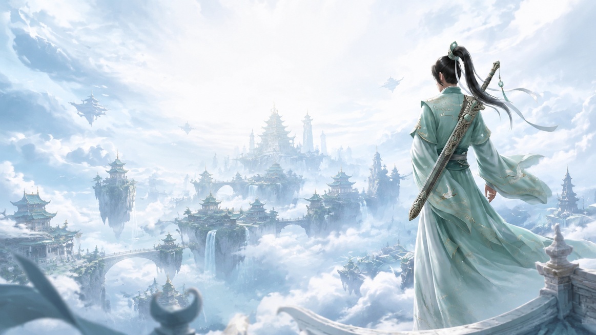 将原图的雪景雪地背景和鹿群更换为修仙空中之城，保持整体国风风格，生成1080尺寸高清图预览效果