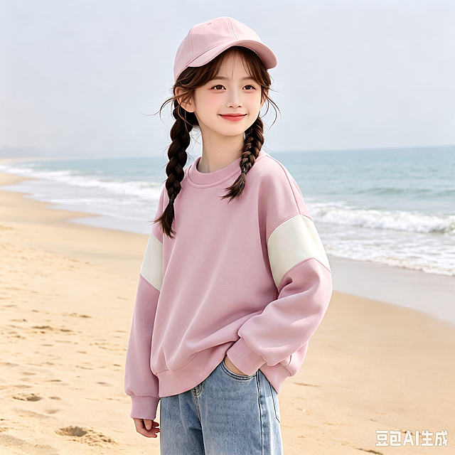 用图1的衣服替换图的2的人物的上身穿的衣服，保留原场景光影，保持图2的人物的下身穿着不变，五官和发型不变，图片宽高尺寸不变，背景不变，模特姿势不变，背景不变。图2模特帽子的颜色和图1的衣服的颜色一样，保持图1的衣服的款式和颜色不变