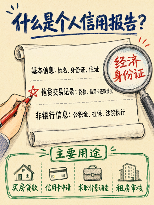 手绘笔记风科普插画，米色纸张背景。顶部深蓝色手写粗体字 "什么是个人信用报告？" 。下方画一个展开的卷轴或A4纸形状，内部用黑色印刷体分三行列出内容：第一行 "基本信息：姓名、身份证、住址" ，第二行预览效果