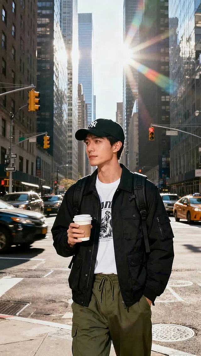 一个男生站在高楼大厦间，镜头快速拉远，人物急速缩小，展示高楼林立的城市全景。