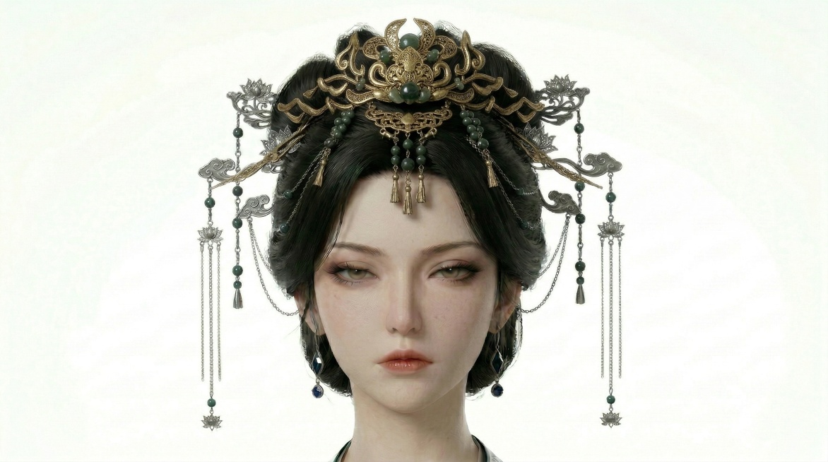 不改变角色面部和整体质感，将发顶的发饰替换为第二张图里的金色古风发冠样式预览效果