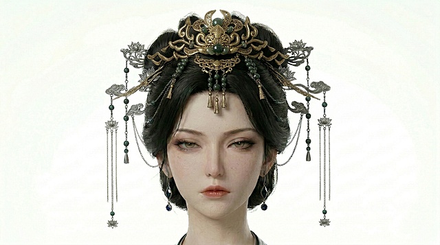 不改变角色面部和整体质感，将发顶的发饰替换为第二张图里的金色古风发冠样式