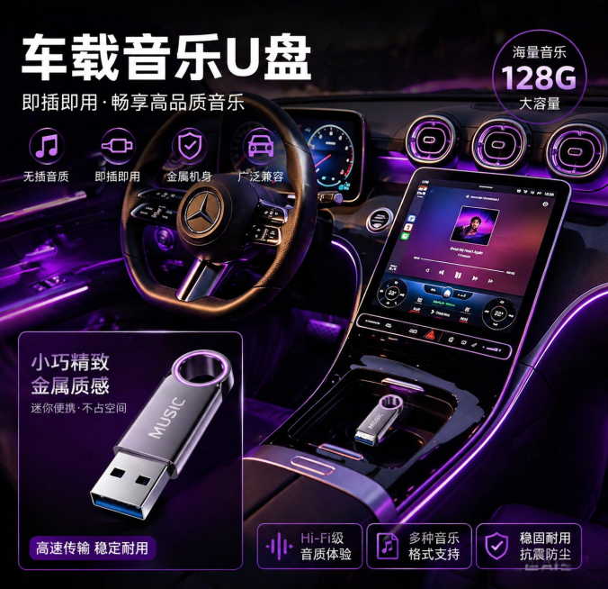 在这张豪华汽车内饰图的基础上，制作一张车载音乐U盘的电商主图，在中控台显眼位置自然融入一个小巧精致的金属车载U盘产品，保留原图紫色氛围灯的高级质感，整体画面内容丰富，突出产品，适合电商展示预览效果