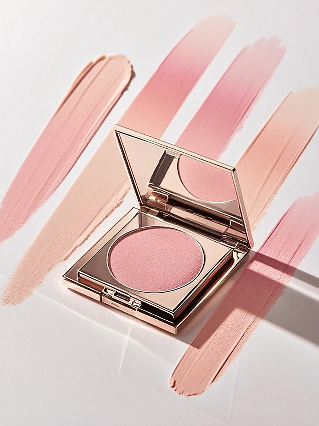 主体放置在中心，主题背后有四组粉状腮红垂直排列（浅粉到蜜桃粉渐变 ），每组倾斜，模拟手指涂抹腮红痕迹，纯净白色背景，均匀光影凸显粉体颗粒堆积、刷痕色彩过渡，借微距视角传递“粉质细腻、显色柔和”