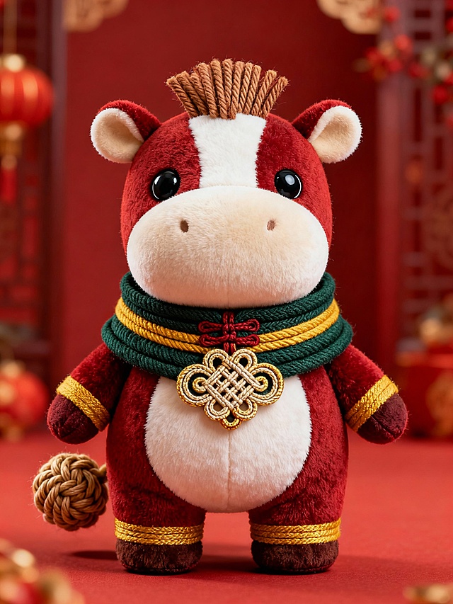 软3D风格的国潮风小马，融合喜庆红金配色与传统中国结元素，毛绒质感搭配卡通造型，传递浓厚节日氛围与可爱感。
