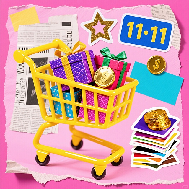 黄色购物车装满彩色礼物盒、星星、金币和蓝色“11·11”卡片，粉色背景