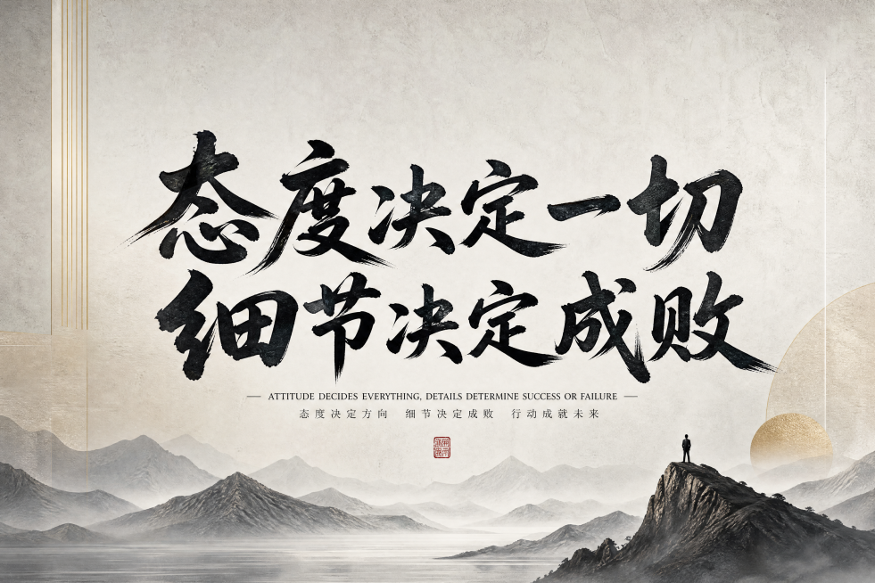 企业文化励志海报，画面中央用醒目的书法字体写着文案"态度决定一切细节决定成败"，整体风格沉稳大气，适合办公室悬挂，背景简约高级预览效果