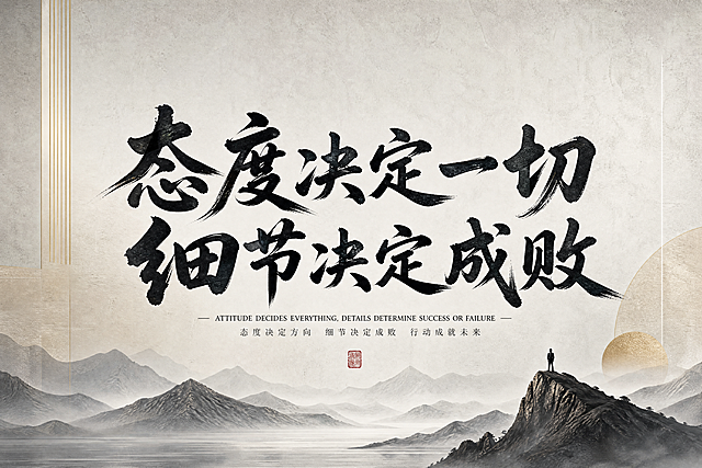 企业文化励志海报，画面中央用醒目的书法字体写着文案"态度决定一切细节决定成败"，整体风格沉稳大气，适合办公室悬挂，背景简约高级