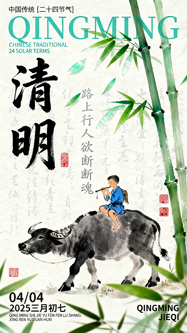 竖版清明节海报，新中式水墨插画风格，浅米白宣纸底色，搭配青绿色系青竹竹叶、水墨灰黑人物牛书法与红色篆刻点缀。左右分栏构图：右侧3-4根挺拔青竹，竹叶翠绿竹节分明，半透明青竹叶轻盈飘落于中上部；左侧竖排黑色粗笔书法大字“清明”，下方是水墨插画——身着蓝色布衣的牧童骑在灰黑色水牛背上吹笛，神态悠然，牛姿态稳健，水墨写意风格笔触细腻。背景是浅米白宣纸纹理，叠加浅灰色淡墨书法水印“路上行人欲断魂”等诗句作为底纹。画面点缀3-4枚红色篆刻印章，分别位于主标题旁、插画下方、右下角。文字排版：顶部左上角为“中国传统 [二十四节气]”（细黑无衬线体），主标题旁为“QINGMING”（青绿色无衬线体），主标题下方为“CHINESE TRADITIONAL 24 SOLAR TERMS”（青绿色无衬线体），左下角标注“04/04 2025 三月初七”及英文诗句“QING MING SHI JIE YU FEN FEN LU SHANG XING REN YU DUAN HUN”，右下角为“QINGMING JIEQI”（黑色无衬线体）。整体光影为柔和漫射光，无明显阴影，营造清新雅致、宁静悠远、充满水墨诗意与传统国风的清明氛围，画面层次分明，前景竹叶、中景插画、背景水印形成自然过渡，整体质感细腻，符合传统文人画审美。