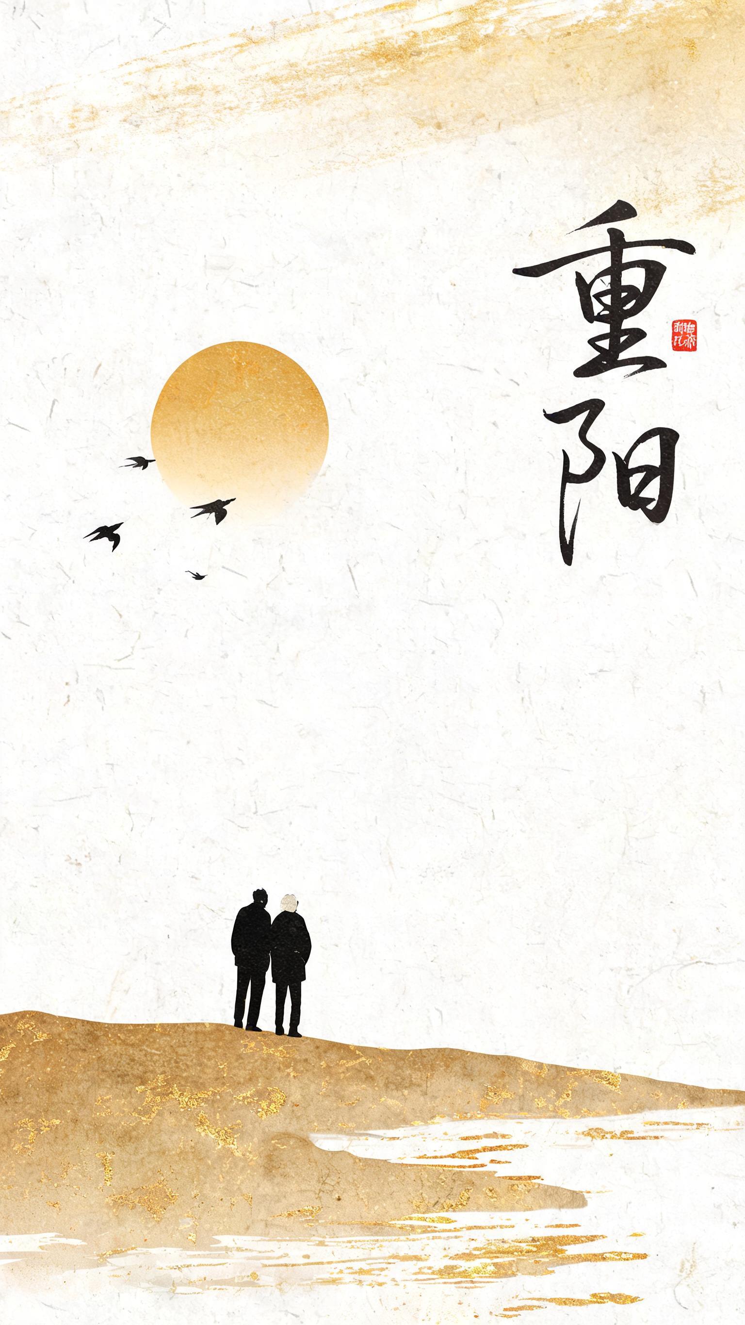 竖版新中式重阳海报，金箔肌理水墨国风风格。画面右侧是飘逸的重阳… - 图片创意预览