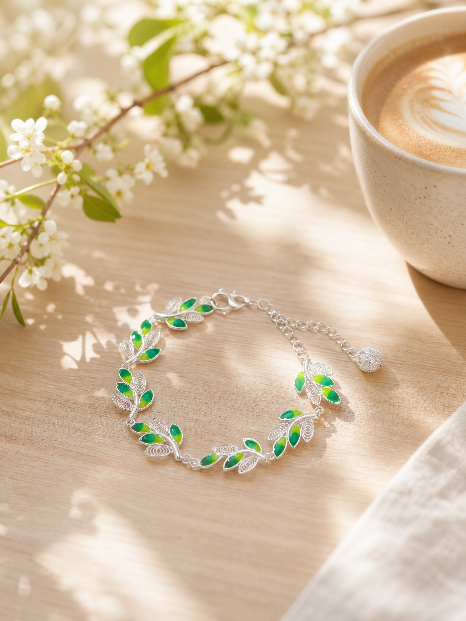 A silver vine leaf bracelet wit… - 图片创意预览