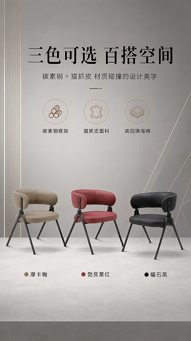[第2张] 详情页设计美学页-三色SKU矩阵展示+材质混搭叙事。本张使用【图1】全部三款餐椅（咖色、红色、黑色）作为商品主体。
[氛围/风格] 现代轻奢设计感，极简高级灰调，商业杂志排版质感。
[元素布局] 上半部分约40%为文案+设计叙事区，下半部分约60%为三色餐椅矩阵并排展示：从左到右咖色、红色、黑色各一把，统一45°斜侧角度，等比例排列，间距均匀，置于浅灰色质感台面上；背景为深灰色渐变+几何线条装饰；每把椅子下方标注色号名称。三款餐椅保持原图结构、材质、颜色完全一致。
[光影质感] 顶部均匀柔光箱照明，左右对称补光，每把椅子底部有柔和投影，皮质表面细腻有光泽，金属椅腿高光清晰，整体干净高级。
[配色色系] 全局底色 #E8E5E0（高级浅灰）；主色黑+白；辅助色咖/红/黑三色产品本身；点缀色金色细线条。
[视角构图] 平视正面视角，对称构图，阅读动线上半文案→下半三色产品矩阵。
[文字版式] 上文下景版式。顶部主标题「三色可选 百搭空间」，副标题「碳素钢×猫抓皮 材质碰撞的设计美学」，下方三个圆形材质图标分别标注：「碳素钢框架」「猫抓皮面料」「高回弹海绵」。底部三色餐椅下方分别标注：「摩卡咖」「勃艮第红」「曜石黑」。文字清晰可读。
[比例分辨率] 9:16竖版比例，4K分辨率，文字清晰可辨，高清画质。
[负向提示词] 餐椅变形，结构错误，颜色偏差，三色不一致，水印，文字错乱，背景杂乱，产品模糊。