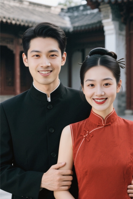 婚纱照，男生单手搂着女生，两人微笑，正面视角，男生在左，女生在右，女生穿红色旗袍，中式盘发，男生穿黑色中山装，中式古代建筑风格，人像特写预览效果