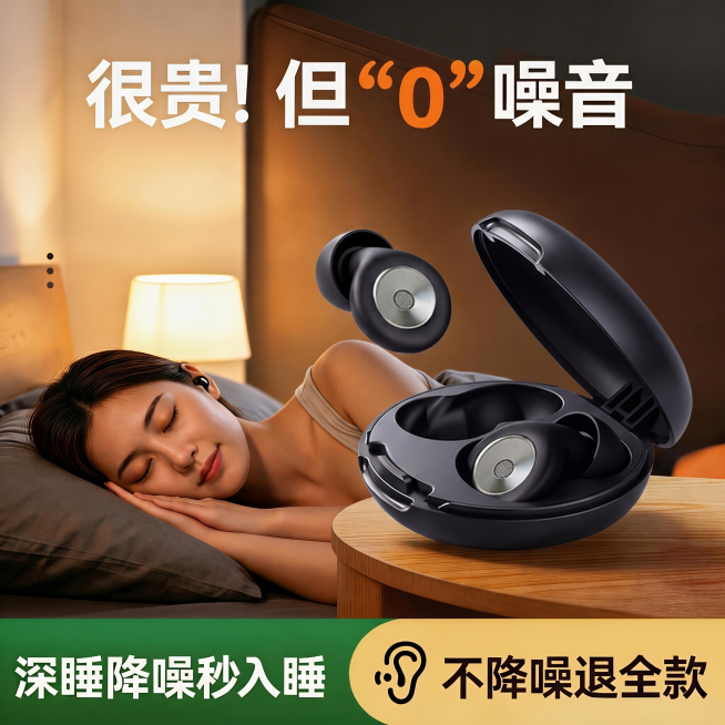 将原图中的耳塞和耳塞盒替换成第二张图里的耳塞和耳塞盒样式，保持原图其他内容、文字、构图、尺寸完全不变，比例1:1预览效果