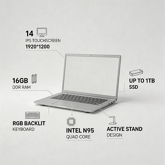 Laptop product centered on light gray background, use thin technology lead lines and small clear icons to mark core selling points of the product: lead lines point to screen "14" IPS TOUCHSCREEN 1920*1200", point to processor "INTEL N95 QUAD CORE", point to RAM "16GB DDR RAM", point to storage "UP TO 1TB SSD", point to keyboard "RGB BACKLIT KEYBOARD", point to stand "ACTIVE STAND DESIGN". Each feature has its own small icon, the text uses different sizes, the parameter values are thicker and larger than the description text. The overall layout is clean, low saturation colors, consistent style with previous images, all text is English.