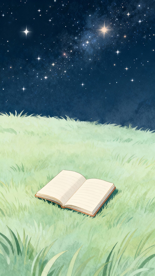 为一本名为《星空下的治愈手记》的散文合集设计封面，风格要求为“清新治愈、低饱和色调、简约插画风”，画面需包含“星空、草地、笔记本”核心元素。