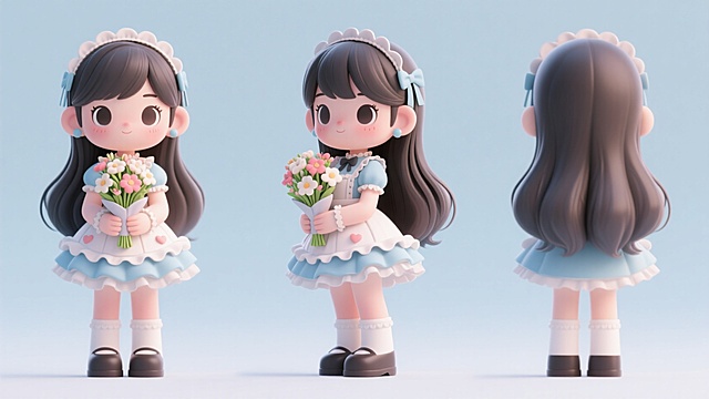 软3D风卡通女孩，手持花束，可爱感十足，清新梦幻风格。