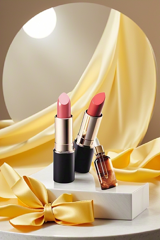 暖黄绸缎、蝴蝶结与柔和光影交融，搭配口红粉调、瓶身金棕，营造出优雅华贵又温暖的氛围，尽显美妆品精致感。